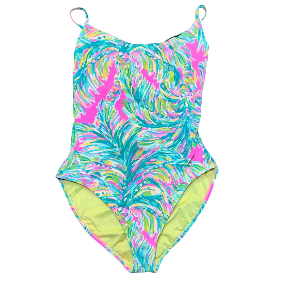 Lilly Pulitzer Azalea One Piece Shady Lady Swimsuit Bright Pink Green Palm Sz 14
